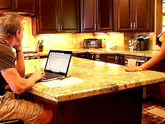 Big ass brunette shaved pussy fingered superbly in kitchen