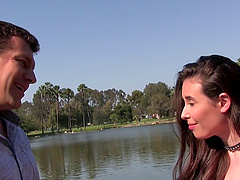 Huge cock for a curious brunette girl in a short skirt