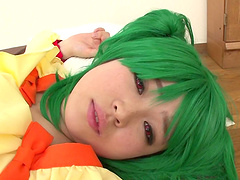 Green-haired cutie from Japan screams while getting wildly spooned