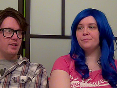 Tattooed chubby giving huge dick superb blowjob in close up