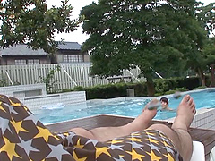 Poolside cowgirl ride of the cock-loving Japanese beauty