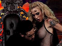 Devilish babe with small horns and the curvy dick of her lover