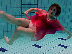 Alluring European babe with small tits swimming then posing lovely