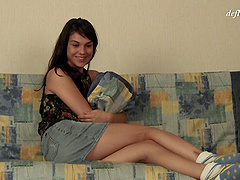 Small tits Russian chick Sasha Politruk in miniskirt masturbating