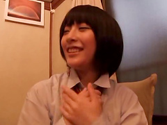 Short-haired Miku Abeno having some fun with her man in the bathroom