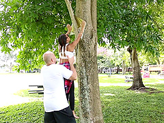 Ebony model Kendall Woods drops on her knees for a white dick