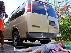 Outdoor fucking in the back of the van with an ebony pornstar