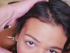 Alluring brunette in shorts giving huge dick blowjob in pov shoot