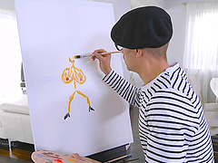 Big breasted chick gets to play with an artist's throbbing cock