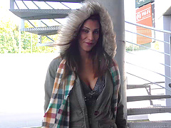 Slutty brunette Roxy loves to flash and tease in the public place