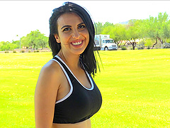 Fake tits solo model Saraya stripteasing showcasing her ass