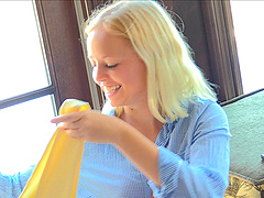 Honey Megan is excited to show us her boobs and shaved pussy