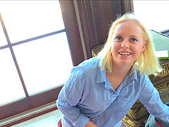 Honey Megan is excited to show us her boobs and shaved pussy