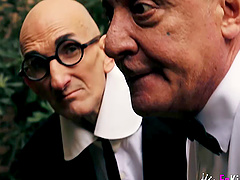 Kinky video of mature blonde, younger ebony chick and one guy