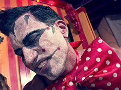 Scary clown has his cock sucked and ridden by Brooklyn Lee