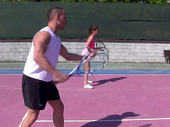 Hardcore foursome fucking on the tennis court with two sluts