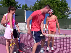 Hardcore foursome fucking on the tennis court with two sluts