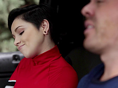 Cadey Mercury giving dick blowjob then having her shaved pussy pounded