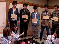 Asian cowgirl giving huge dick handjob in an orgy group sex