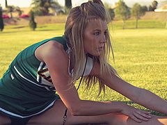 Horny cheerleader Nicole Clitman is curious about a hot hunk's cock