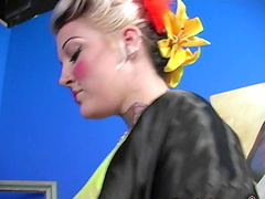 Tattooed Candy Monroe giving dick blowjob in interracial porn