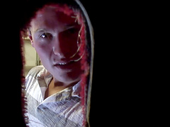 Horny gay Zack giving dick blowjob through glory hole