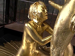 Japanese woman covered in golden paint fucked hard by her partner