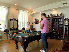 Great sex session on a pool table with blonde Laura Bentley