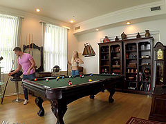 Great sex session on a pool table with blonde Laura Bentley
