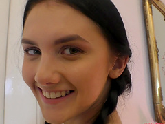 Pigtails Crystal in shorts giving dick blowjob in pov