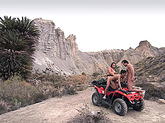 Vanessa Mae rides a couple of cocks during an outdoor threesome