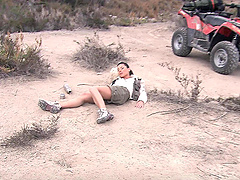 Vanessa Mae rides a couple of cocks during an outdoor threesome