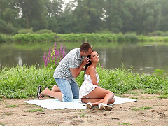 Cute couple Viktoria Sweet and Ridge making love by the lake