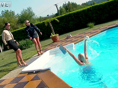Three extremely sexy ladies having a fantastic poolside groupie