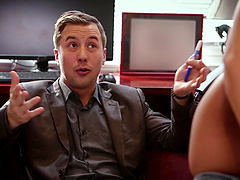 Hot babe August Ames fucks a handsome lover in an office