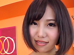 Japanese Akane with natural tits giving cock superb handjob