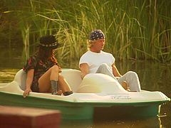 Brunette hottie Dru Berrymore having her twat bashed on the lake