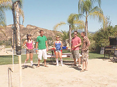 Outdoor orgy session with cock craving brunette babes