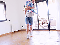 Julia cleaning living room then gets paid hardcore doggystyle