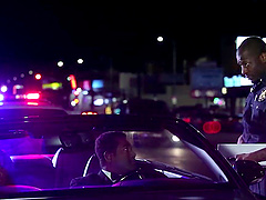 Ebony darling Kira Noir gives a blowjob and rides his cock