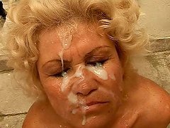 Randy old blonde doll loves cock and cum so much she's surrounded