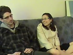 Shy babe with glasses gets frisky with a lover's boner