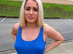 Blonde bimbo Mila Marx placing her warm pussy on a pulsating dick