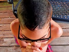 Ebony nerd in glasses with short hair Arie sucking a cum gun