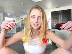 Blondie with blue eyes Macy Meadows having fun with a fat boner