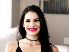 Black-haired honey Nathan Bronson putting a boner in her throat