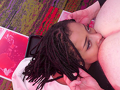 Ebony Kira Noir makes a long stiff pecker disappear in her mouth