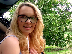 Blonde babe Haley Mae enjoys riding a big fat dick outdoors