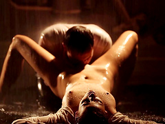 Awesome chick satisfies a friend by slurping on his fat pecker