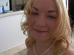 Pretty Trinity Lee pleases a fat guy by slurping on his cock